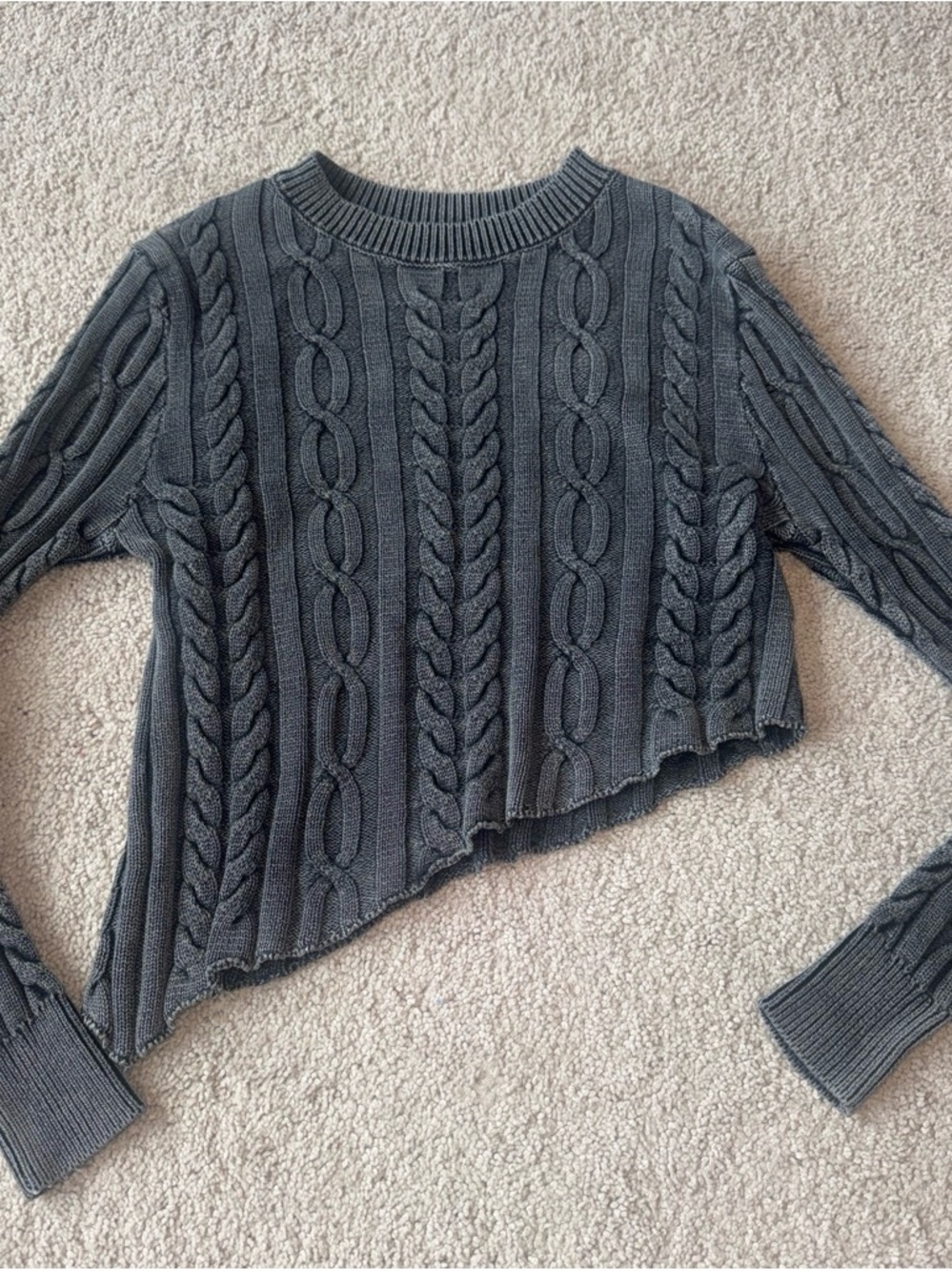 Lulu's Charcoal Cable-Knit Cropped Crewneck Sweater